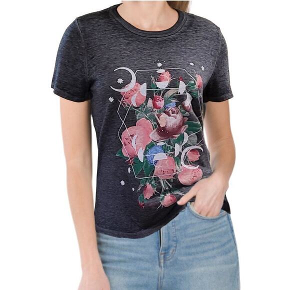 New! Lucky Brand Moon and Flowers Graphic Print Classic Cotton Blend T-Shirt - Picture 1 of 4
